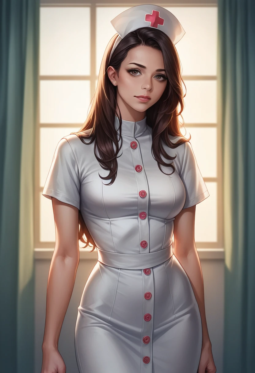 cuerpo entero, plano general de la escena:1.5, realistic anime style nurse, beautiful woman with long brown hair, caring for a sick patient, extremely detailed face and eyes, detailed clothing, hospital setting, warm lighting, vibrant colors, cinematic composition, masterpiece, 8k, photo-realistic, hyper detailed