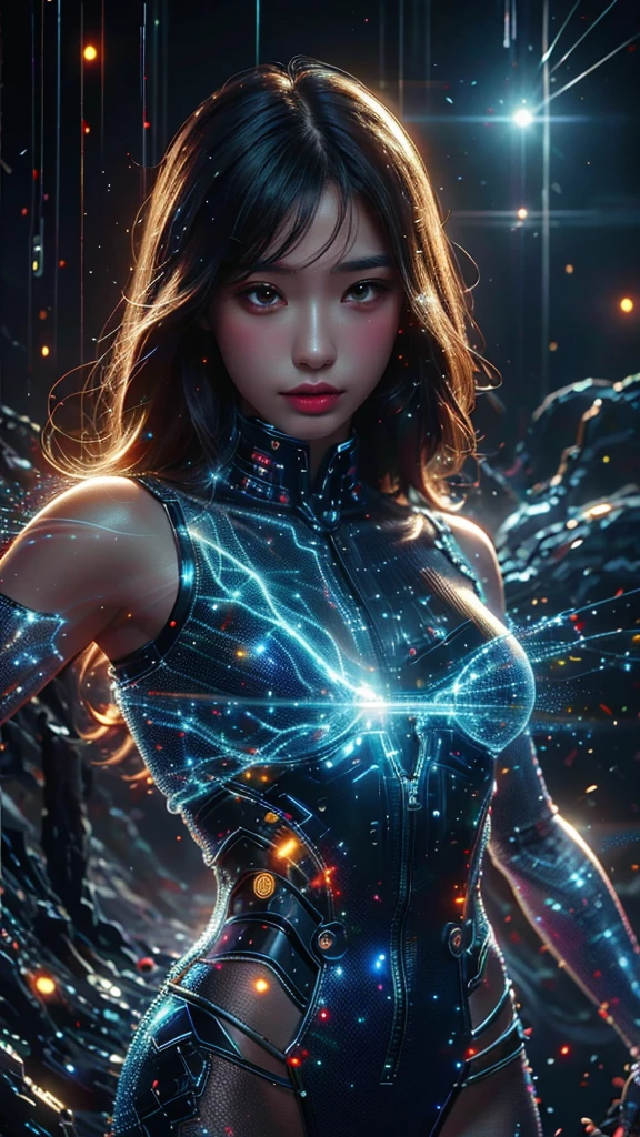 Ultra-Realistic Capture,18k,RAW Photos,Highest quality,masterpiece,reality,Very detailed,live-action,Very beautiful woman,Detailed face,Glowing Skin,Rainbow,Automata,cyber punk,18-year-old ,Model body type,slim,So many LEDs,Clothes made of light particles,Machine Body,Electronic devices embedded in the body,transparent,Very detailedな電子機器,Connection line,Rainbow colors,非常に長いneonカラーの髪,whole body,Large Breasts,Acrobatic poses,Raise the middle finger,neon,Long limbs,flip the bird,Stick out your tongue,