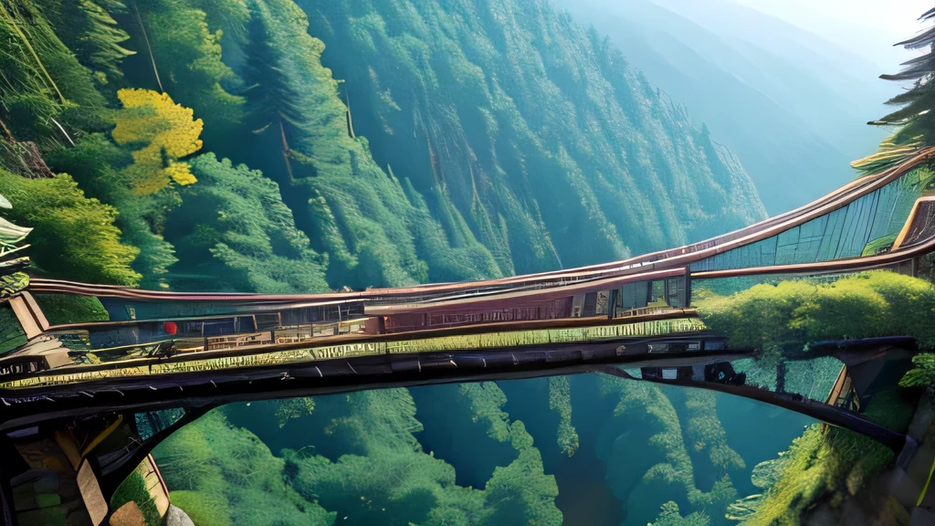 Old suspension bridge over a deep valley、In the forest、Bridge over the mountain、Dilapidated suspension bridge、A collapsing suspension bridge、In a dark and scary forest、Falling cliff、((A bridge at an altitude of 2000 meters))、(Close-up photography)