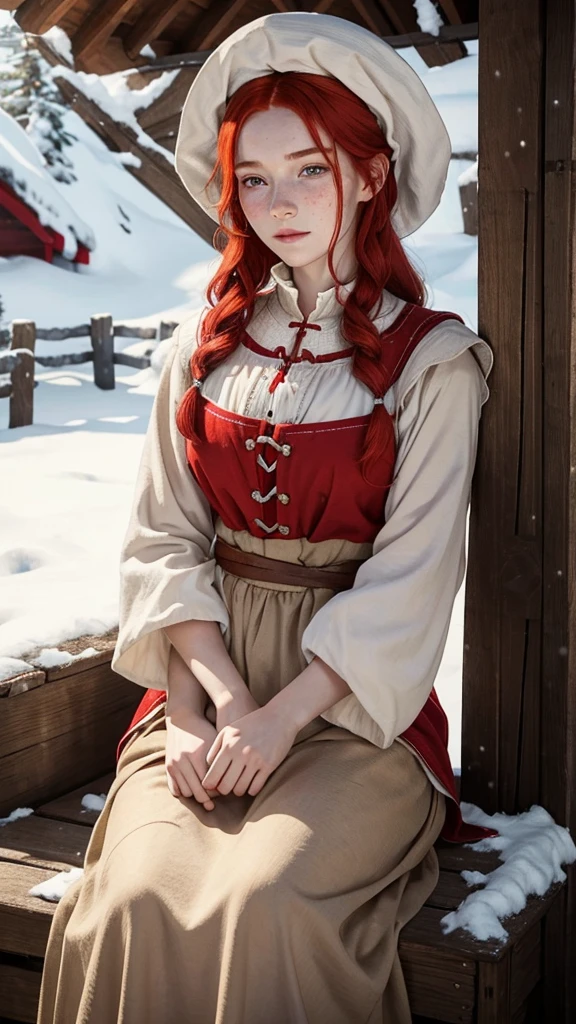 A peasant woman with snow-white skin and bright red hair, with freckles all over his face, with eyes the color of light brown like walnuts, she wears clothes worthy of her position in the hierarchy 