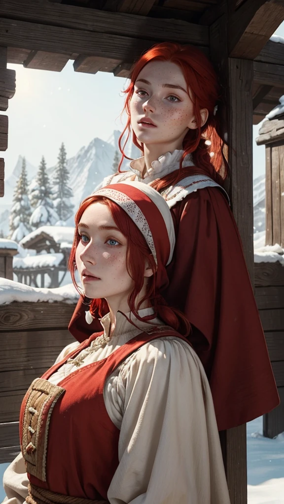 A peasant woman with snow-white skin and bright red hair, with freckles all over his face, with eyes the color of light brown like walnuts, she wears clothes worthy of her position in the hierarchy