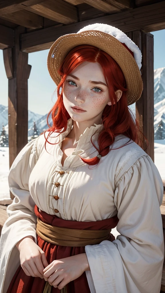 A peasant woman with snow-white skin and bright red hair, with freckles all over his face, with eyes the color of light brown like walnuts, she wears clothes worthy of her position in the hierarchy 