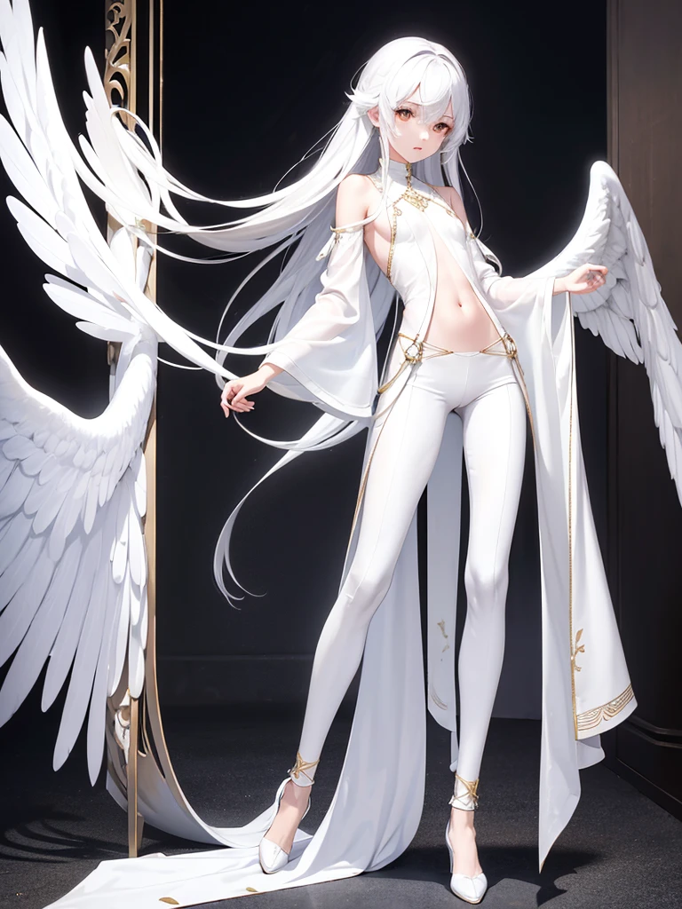 Chico, thin and fragile body, long white hair, white eyes, silver tunic, white pants, big white wings