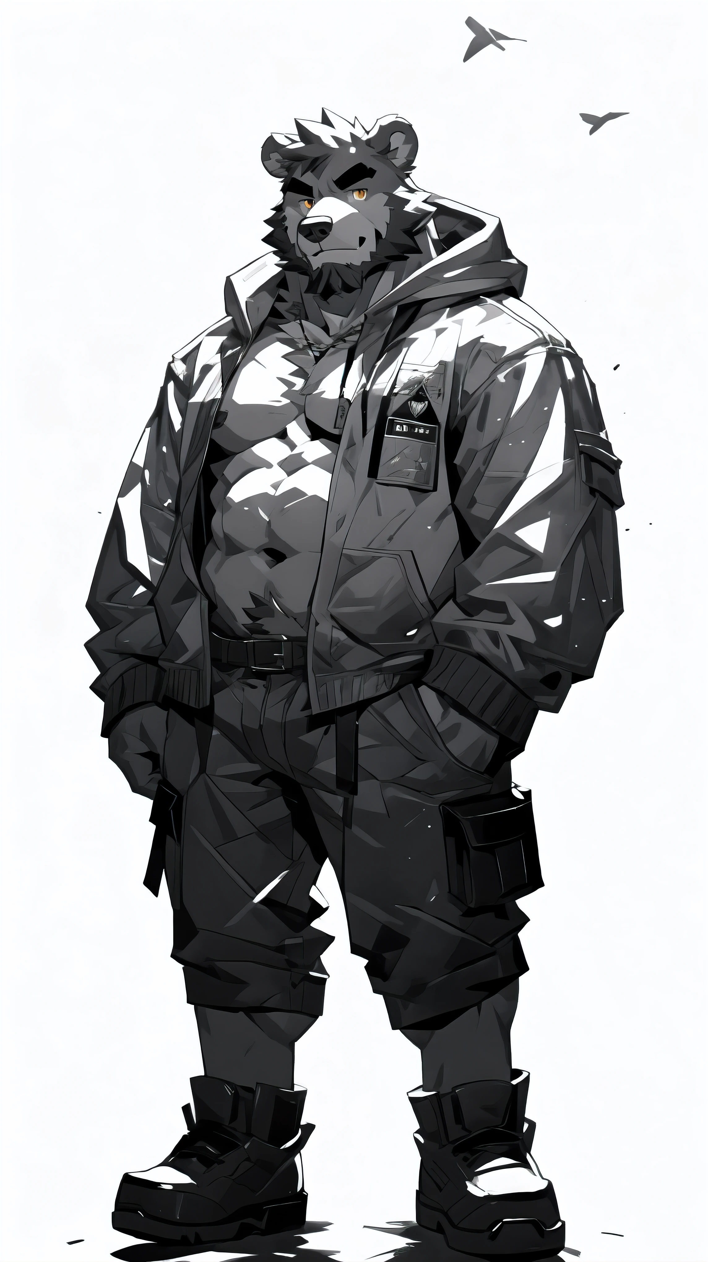 (masterpiece:1.2), best quality,pixiv,official art,perfect ???????, (Ray tracing, light),solo, (1_male:1.3) , (muscle), (grey fur:1.4), (muscle bear),(abdominal muscles),(beard:1.2), (gleaming golden eyes), bear tail, full body, Thick black eyebrows, (open short hoodie), (????? inside),cargo shorts, black short boots, (pure white background: 1.3), (monochrome:1.4),line art