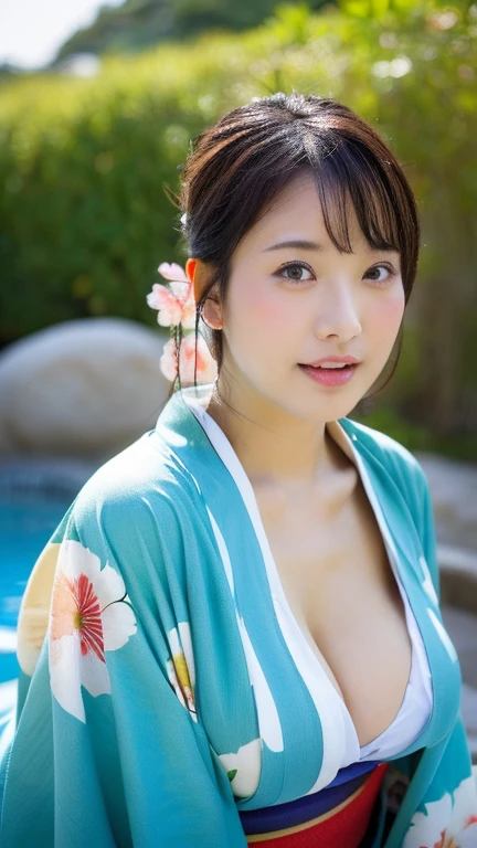 (Very detailed, beautiful, outdoor hot spring, Slightly fat, full, big breasts, big breasts, M cup, Sexy, delicate face, kimono,Large aperture, Character close-up, Highest quality