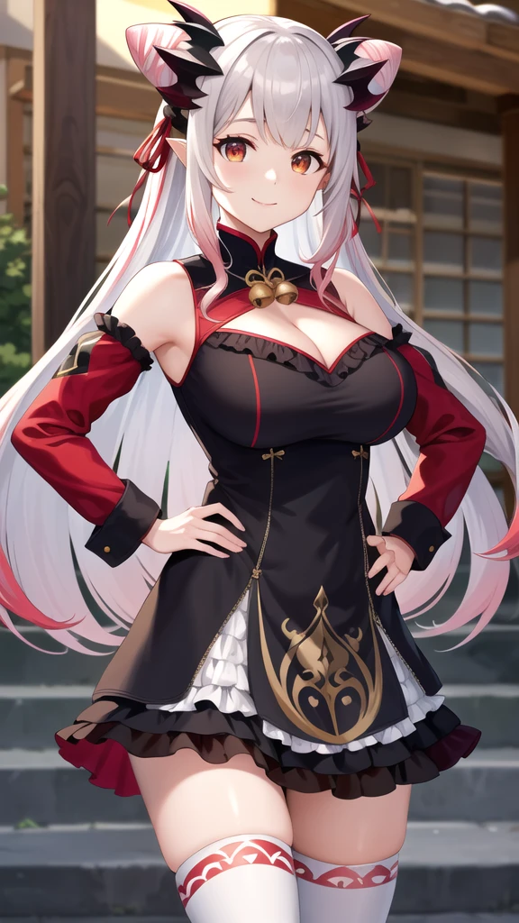 masterpiece, best quality, highres, aapatra, long hair, multicolored hair, horns, cone hair bun, hair ribbon, pointy ears, large breasts, bell, bare shoulders, cleavage cutout, frills, black dress, detached sleeves, red sleeves, long sleeves, white thighhighs, standing, outdoors, hand on hip, smile, cowboy shot,