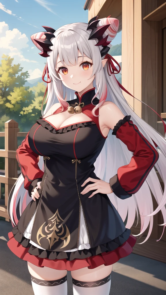 masterpiece, best quality, highres, aapatra, long hair, multicolored hair, horns, cone hair bun, hair ribbon, pointy ears, large breasts, bell, bare shoulders, cleavage cutout, frills, black dress, detached sleeves, red sleeves, long sleeves, white thighhighs, standing, outdoors, hand on hip, smile, cowboy shot,