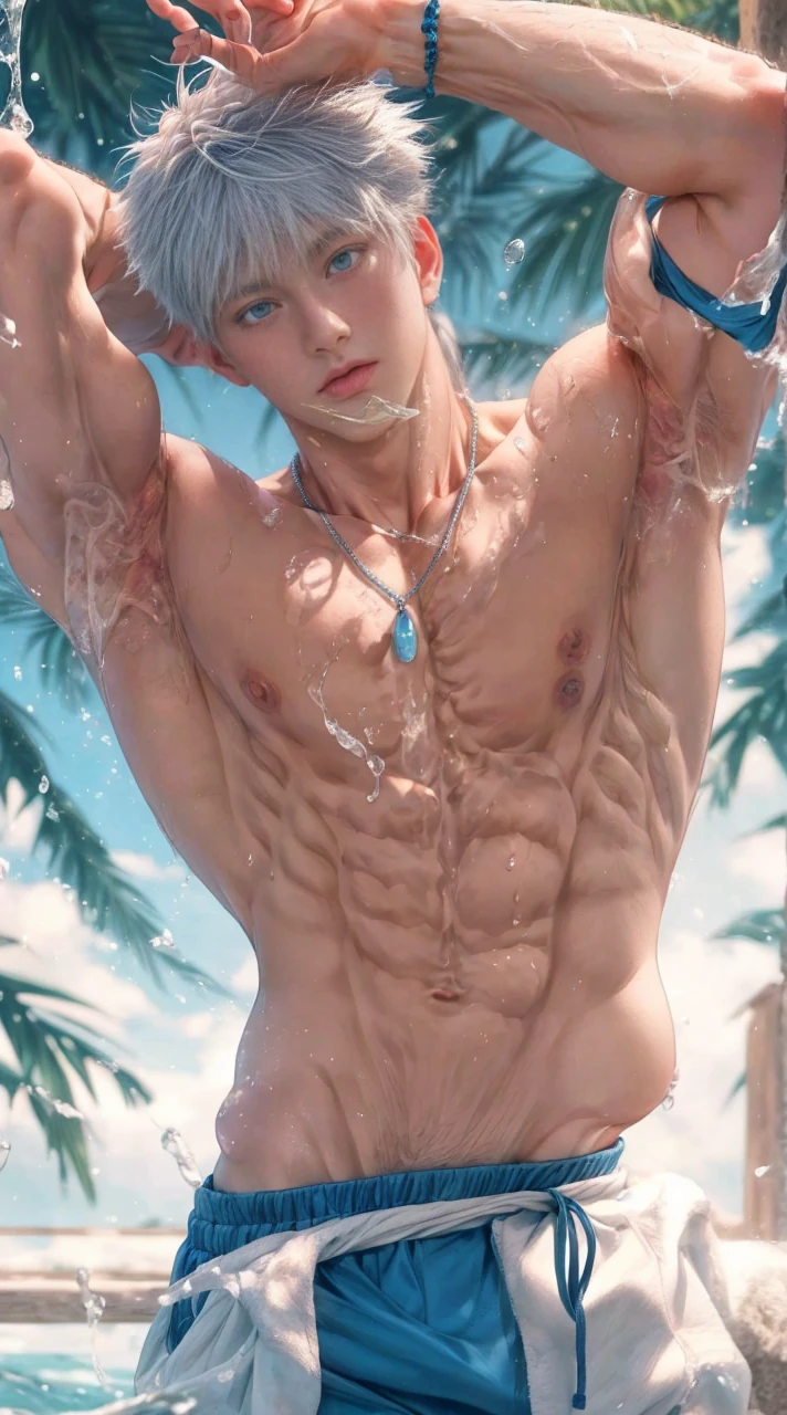1boy, adult, handsome, perfect face, detailed eyes and face, clean shaved, muscular, capturing a rural atmosphere, dynamic lighting, unreal engine 5, hd picture, satoru gojo, white hair, short hair ,hair between eyes ,blue eyes, white skin, milk pink nipple details, water details, sweat details, Wear a necklace, Water splash