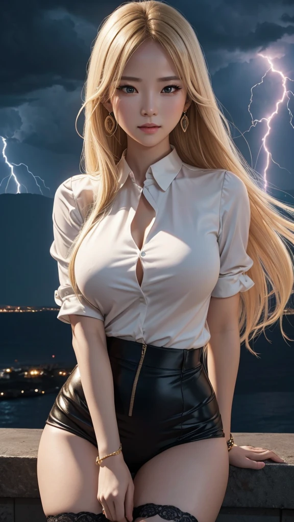 The personified lightning strike, a man of lightning, is talking to humans while generating lightning bolts. He warns of the danger of lightning strikes and urges humans to understand the power of nature. 8k , HD, highly detailed, realistic, photography, photo realism, --ar 9:16 -- at 6.0 --s 750,19 years old, alone, Long Hair, View your viewers, Blonde, Brown eyes, gem, whole body, Realistic, Sexy、Big Breasts 、stockings、clip on earrings,during,bracelet、embarrassed,blouse、