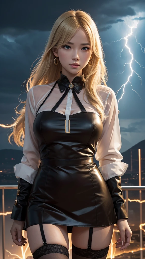 The personified lightning strike, a man of lightning, is talking to humans while generating lightning bolts. He warns of the danger of lightning strikes and urges humans to understand the power of nature. 8k , HD, highly detailed, realistic, photography, photo realism, --ar 9:16 -- at 6.0 --s 750,19 years old, alone, Long Hair, View your viewers, Blonde, Brown eyes, gem, whole body, Realistic, Sexy、Big Breasts 、stockings、clip on earrings,during,bracelet、embarrassed,blouse、