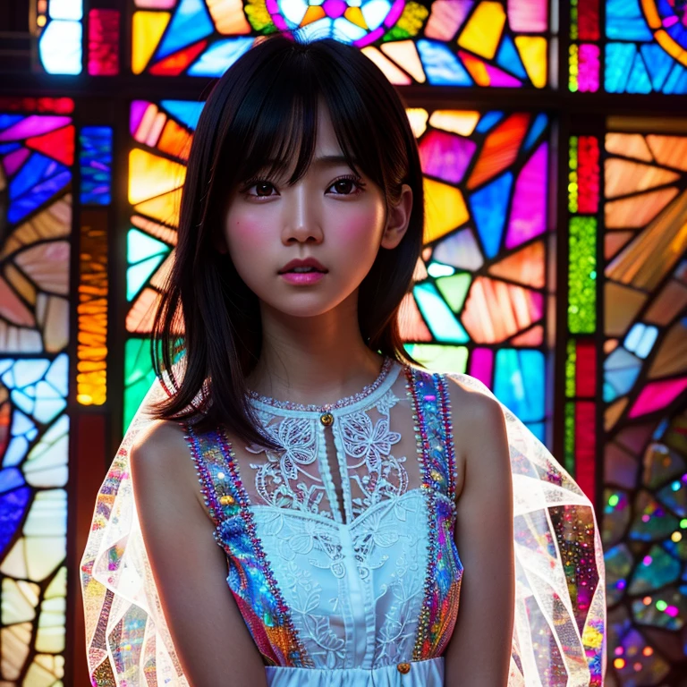 SFW, concept art, (PICHIPICHI KAWAII junior idol), (Detailed Delicate lace knitted white clothes), (nipple:-0.9), face closeup, (Elaborate stained glass Background:1.37), (((Renbutsu Misako), colorful Light shines through delicate stained glass:1.2, vivid red colors, Luminous Particles, light Particles))(Acutance:0.8). (ProfessionalPhoto:1.2),(ultra-detailed:1.37), (Extremely detailed KAWAII face variations, innocent expression variations), rosy cheeks, intricate detailed eyes with sparkling highlights, long eyelashes with volume, subtle blush on the face. Mystic sight, haze, Impeccable Radiant PearlSkin with Transparency, captivating gaze, ((Dynamic-angle)), whole Body proportions and all limbs are anatomically accurate . (Exposed:0.64)