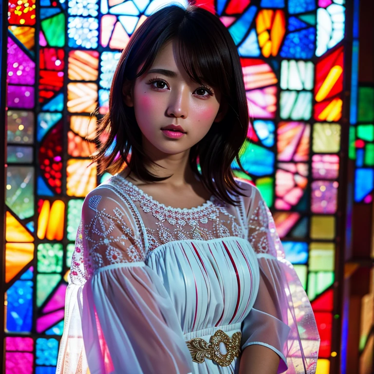 SFW, concept art, (PICHIPICHI KAWAII junior idol), (Detailed Delicate lace knitted white clothes), (nipple:-0.9), face closeup, (Elaborate stained glass Background:1.37), (((Renbutsu Misako), colorful Light shines through delicate stained glass:1.2, vivid red colors, Luminous Particles, light Particles))(Acutance:0.8). (ProfessionalPhoto:1.2),(ultra-detailed:1.37), (Extremely detailed KAWAII face variations, innocent expression variations), rosy cheeks, intricate detailed eyes with sparkling highlights, long eyelashes with volume, subtle blush on the face. Mystic sight, haze, Impeccable Radiant PearlSkin with Transparency, captivating gaze, ((Dynamic-angle)), whole Body proportions and all limbs are anatomically accurate . (Exposed:0.64)
