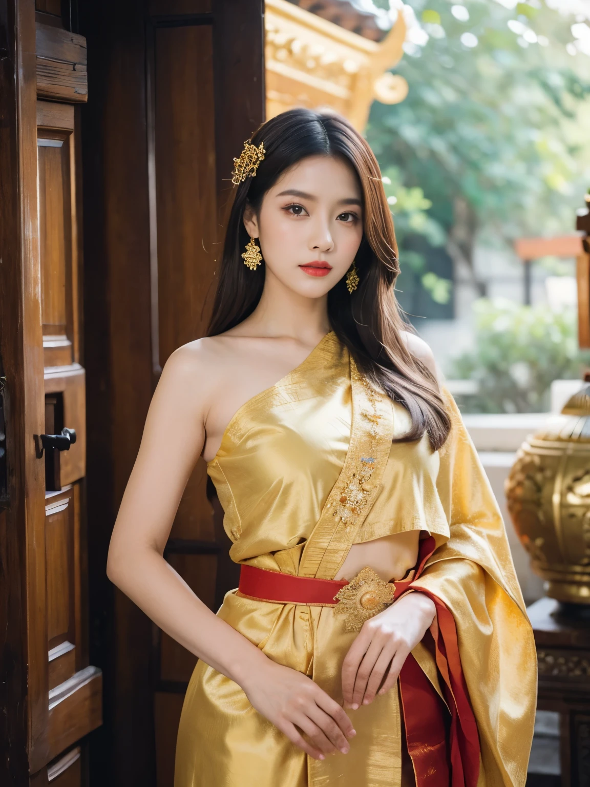 Detailed faces, Clear Face, beautiful girl, Asian makeup, Red lips, brunette hair, very long hair, Extra long hair, diadem, Medium body, Big breasts, super large breasts, Thai traditional costume, antique, sexy medium dress, Gold Dresses, HD, full body, afternoon Light, Thai temple Background, Show right shoulder, left shawl, Look straight ahead, random body orientation,