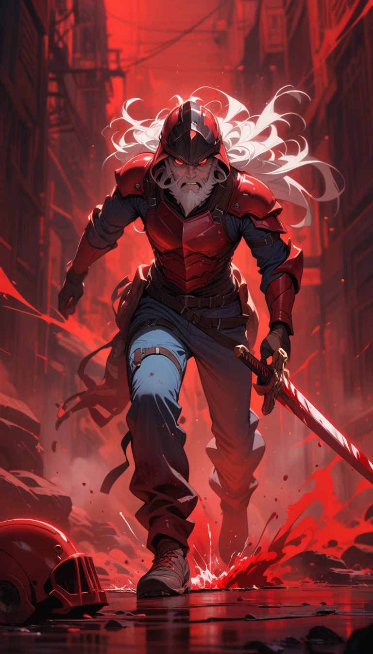 ((best quality)) , ((masterpiece)) , (detailed),1boy, male focus, solo, shirt, helmet, pants, denim, armor, facial hair, blue pants, gloves, beard, jeans, holding,(white hair), red long hair, red eyes, (full body), (((with sword))), angry face, (beautiful detailed eyes), Blood drop,Blood fog, floating hair, disheveled hair, Splashing blood,(Bloodstain)