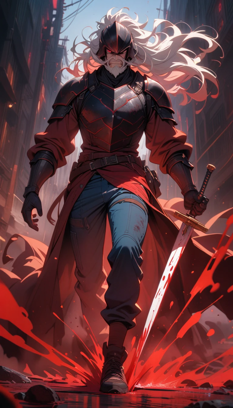 ((best quality)) , ((masterpiece)) , (detailed),1boy, male focus, solo, shirt, helmet, pants, denim, armor, facial hair, blue pants, gloves, beard, jeans, holding,(white hair), red long hair, red eyes, (full body), (((with sword))), angry face, (beautiful detailed eyes), Blood drop,Blood fog, floating hair, disheveled hair, Splashing blood,(Bloodstain)