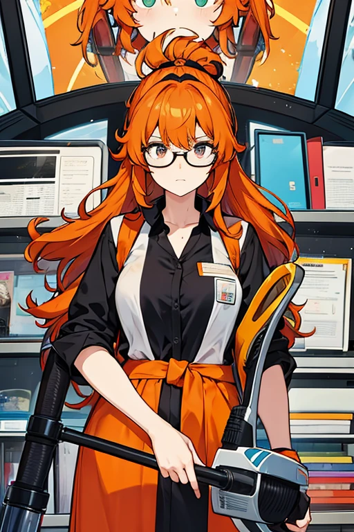 women, hair in orange scrunchie, glasses, black shirt, lab coat, with a vacuum cleaner, paranormal investigator 