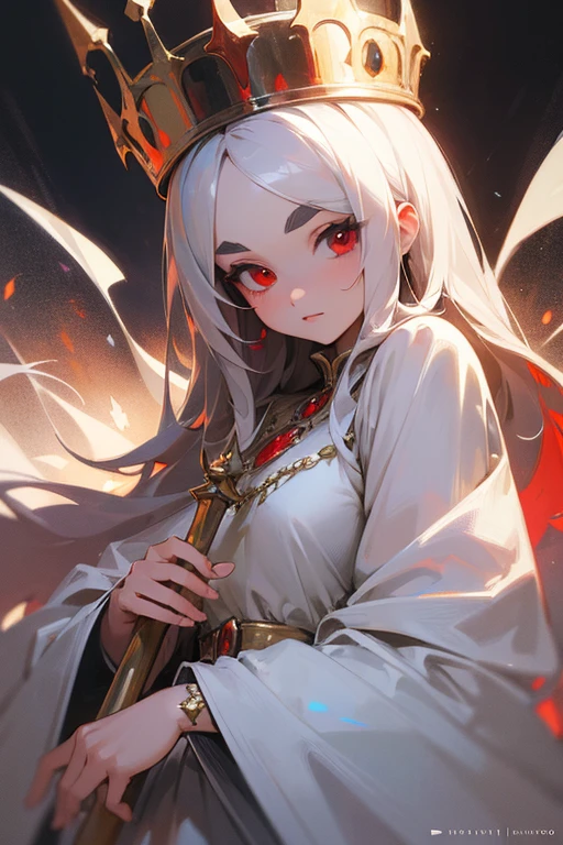 (Highest quality, masterpiece:1.2), High resolution, Very detailed, Realistic:1.37, Fantasy, An illustration, Red eyes, Queen, White Dress.Thick eyebrows、(Flashy platinum decoration).(The background is inside the castle).