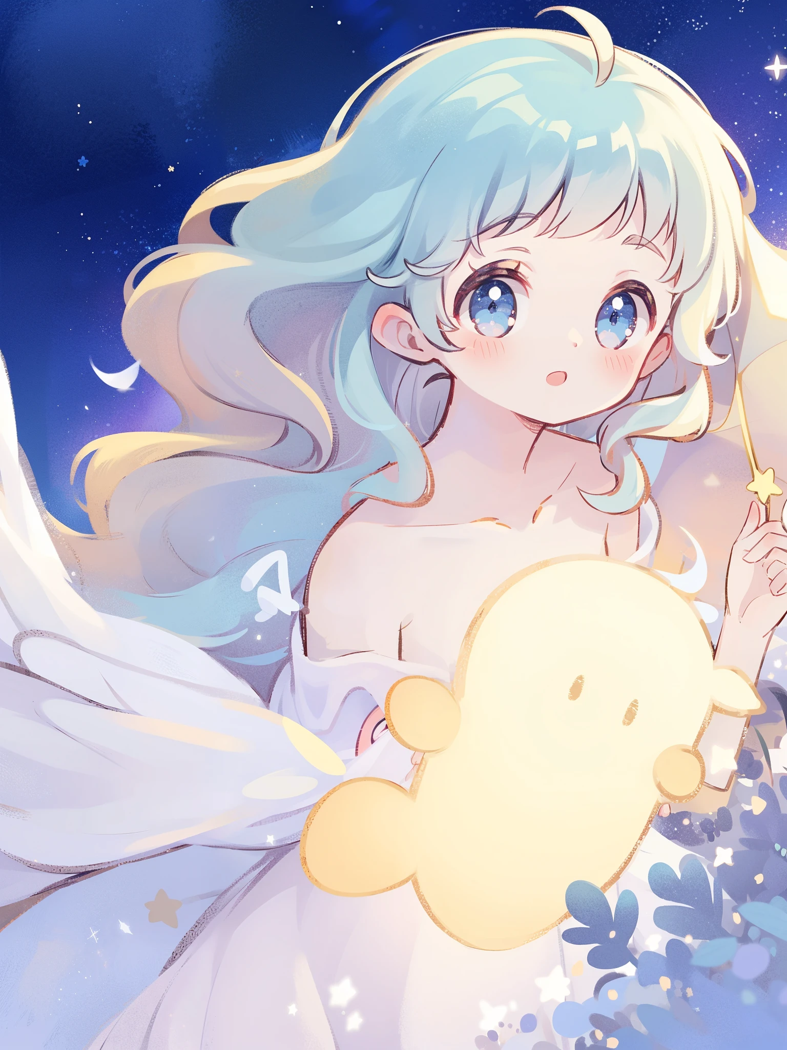nude angel girl wearing an ethereal translucent dress, pale skin, ((wavy blue hair)), white feathers, angel wings, sparkling detailed eyes, golden ratio face, perfect composition, highly detailed, ethereal, (starry night sky background), midjourney style