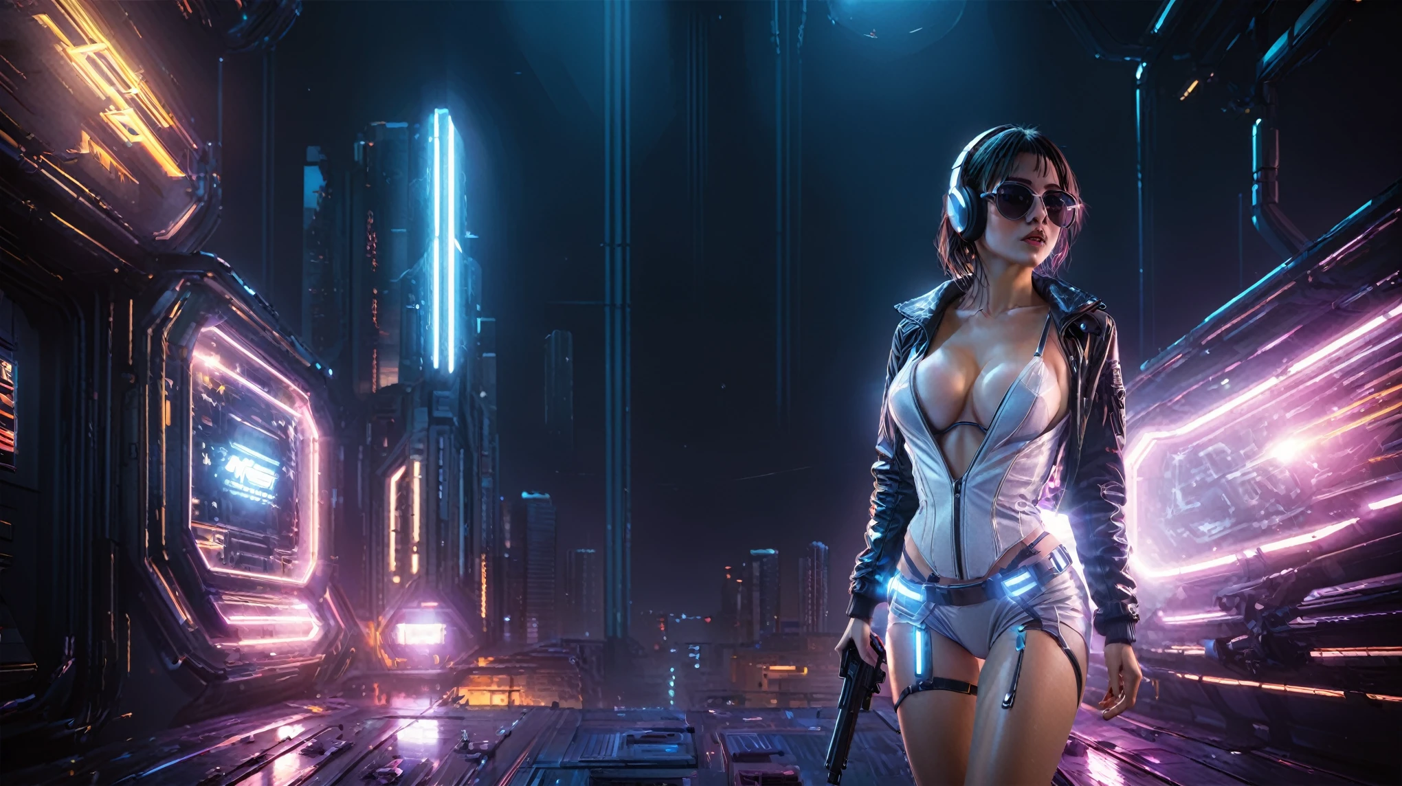 (((aerial view))), Blade Runner style futuristic cyberpunk 2077 flying vehicle docking platform, neon lights, at night. ((1girl, solo, alone)), large-breast:1.2 slim body, cleavage:1.1, sexy lingerie with wet jacket, headphone, (black sunglasses), (((she raised a pistol:1.8 and shot:1.8 the viewer))), dynamic pose, (((half-body thigh level medium shot))), cinematic lighting, lens flare, ray tracing, fisheye lens.