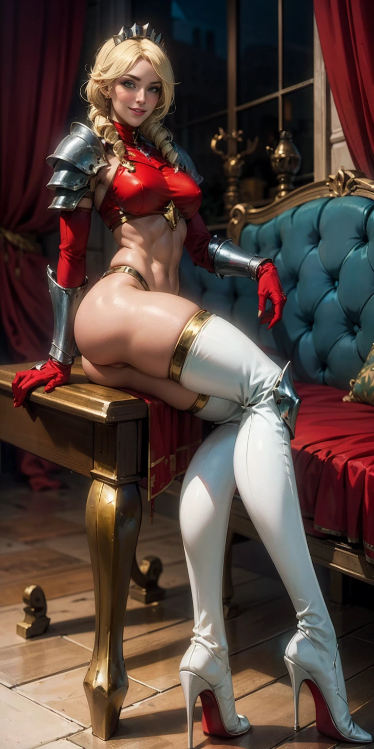 Elegant adult female
Blonde hair
Green eyes with yellow eyelashes
Crown
Turtleneck
Full body sitting on a bench
Showing to viewer
RED brete
RED skin (1SologirlD skin:1.2)
Looking at viewer
Shiny
Armor
Thigh highs
High boots
Pauldrons shoulder armor
Faulds
Poleyn
RED gloves gauntlets
Rerebrace
RED military armored boots
Yordle muscular lean platinum blonde long twin tails hairstyle at the bedroom
Lustful smig smile face red blushed, blush
Strong abs
Female body builder
Tiara
Twin drills hair
