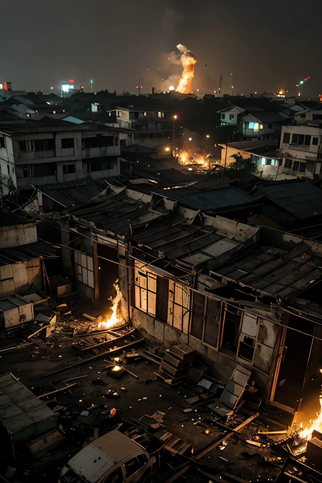Một thành phố trong khung cảnh hỗn loạn, violence, fire, dilapidated, polluted