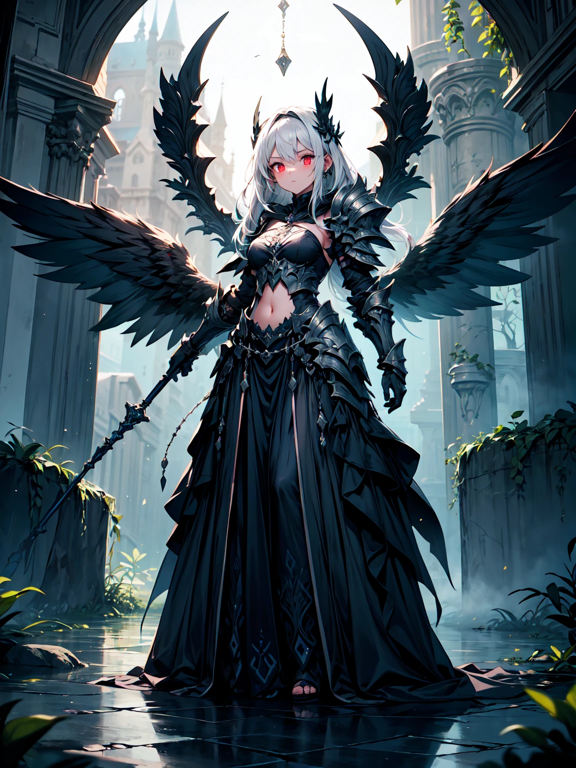(((masterpiece, best quality, 16k)))((full body shot)) of a girl in detailed black gothic battle armor, standing in a completely dark environment. She has long white hair and glowing red eyes, with black angel wings, tattoos, and piercings. Her battle armor is intricately designed, revealing her bellybutton. She is holding a glowing orb of energy in her hands, which emits a soft, ethereal light. Surrounding her are numerous small lights in shades of {blue|purple}, casting a faint glow similar to candlelight. The only illumination comes from the orb and the particles around her. The atmosphere is {mysterious|otherworldly}, with a misty haze drifting around her feet. The ground beneath her is reflective, creating a mirrored effect that adds to the surreal ambiance. Subtle textures of ancient, worn stones and creeping vines can be seen in the background, hinting at a hidden, gothic castle. The scene is quiet and enigmatic, with her face partially obscured by the hood, her eyes focused intently on the luminous orb. She holds an intricately designed staff made of wood with metallic parts and embedded jewels.

[Best quality], [Masterpiece], [Ultra-detailed], [4k], {serene|intense} atmosphere, gothic castle, {dynamic pose|relaxed pose}, complete darkness, {soft shadows|dramatic lighting}, {reflected light on the ground:0.7}, {misty haze:0.6}, {glowing plants:0.5}, {creeping vines:0.4}, {ancient stones:0.3}.