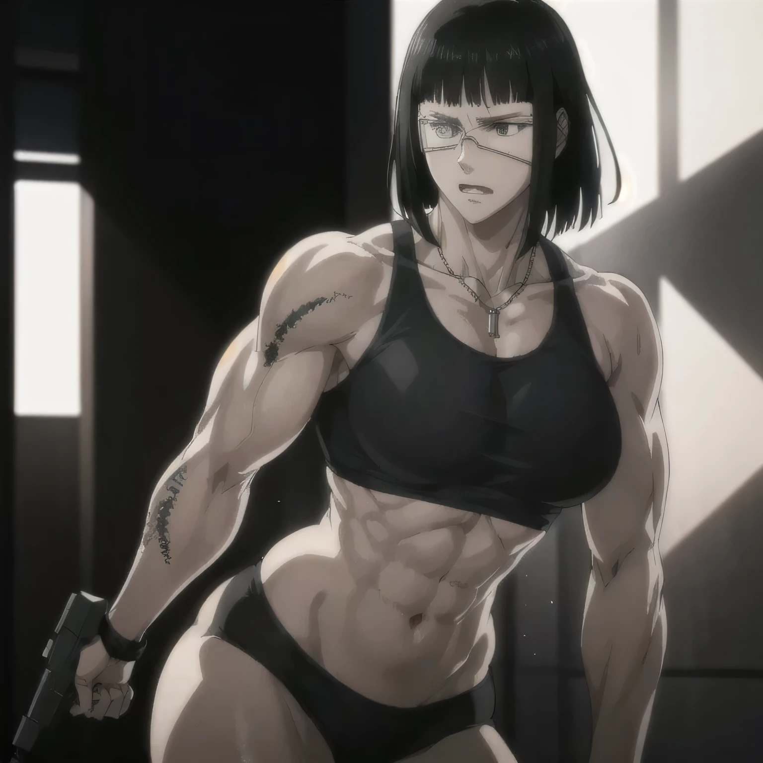 best quality,ultra-detailed,realistic:1.37),musclaur badass girl with sculpted body with preview her musclaur body and six-pack, full review of the female character's face and body, intense expression, strong and confident posture, studio lighting, vivid colors, physiologically-based rendering, grungy texture, rugged background, dust particles in the air, commanding presence, professional, powerful, gritty aesthetics,,Valmet،short hair,necklace,Light reflection on shoulders,clean muscles،wearing black underwear and gray gym tank top,tattoos on shoulders،muscles review( girl solo),eyepatch,Shining muscles,eyes detailing,fat free body,veins in muscles,penis growth inside underwear,Photo session,Matching remix