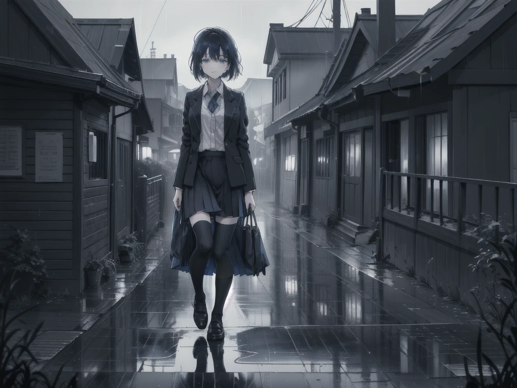 PBlue, landscape, No humans, landscape, (masterpiece,best quality:1.4), Blue Theme, City, night, A girl, rain,Cowboy shooting,Black long-sleeved blazer,Black pleated skirt、Knee socks、Loafers