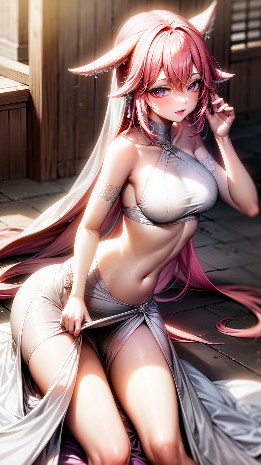 sensual, ((long pink curly hair)), thick thighs, 8k, 4k, highest quality, High resolution:1.2), cute anime face, noise reduction, ((shining blue eyes, gentle smile, kind eyes))、toned abdominal muscles, muscular arms, muscular legs,  young face, anime eyes, (((big breasts、A chest that is about to burst)))、(((bondage style)))、(((Rear view、I&#39;I&#39;ll turn around、emphasize the buttocks、T-back that digs into your butt)))、(((white string)))、(((grab your chest with both hands)))