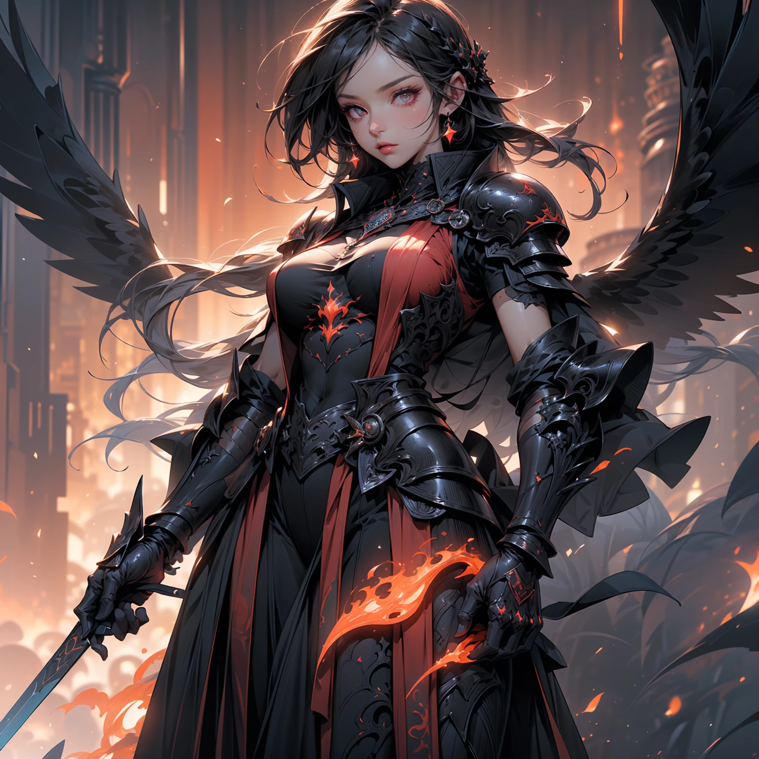 (((masterpiece, best quality, high detailed, 8k))) Design a layout showcase Gaming character, (1girl). Black+Crimson dark armor, stylish and unique. ((weapon:1.4)), cursed sword. (masterpiece:1.2), (best quality), 4k, ultra-detailed. (luminous lighting, atmospheric lighting). dark warrior, ((six wings of shadow and fire)), ((glove full hands)), (((revealing clothes:1.3))), vambraces, armored legwear, (((full_body_shot:1.4))). {In an infernal realm}. (((extremely imposing presence, black flames, super strong, incredibly beautiful with dark armor))).