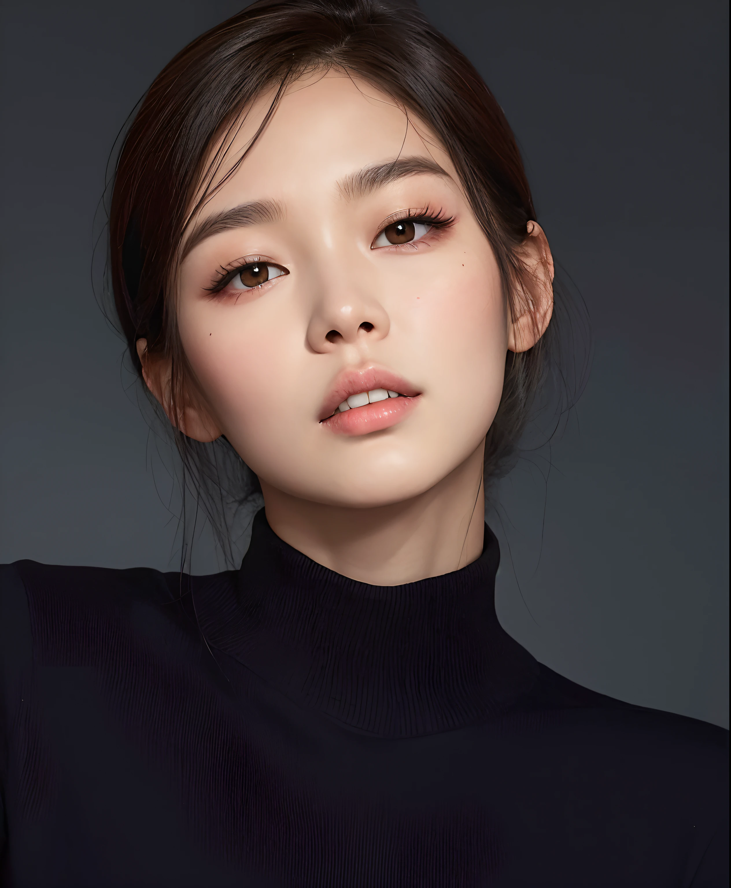 Close-up of a woman wearing a black turtleneck sweater., beautiful young korean girl, beautiful young korean girl, young and charming korean face, Beautiful South Korean woman, Beautiful Chinese model., popular korean makeup, Young cute pale asian face, Popular South Korean makeup, tomorrow brother Tran, asian beautiful face, Blackpink Jennie, honhwa chwe