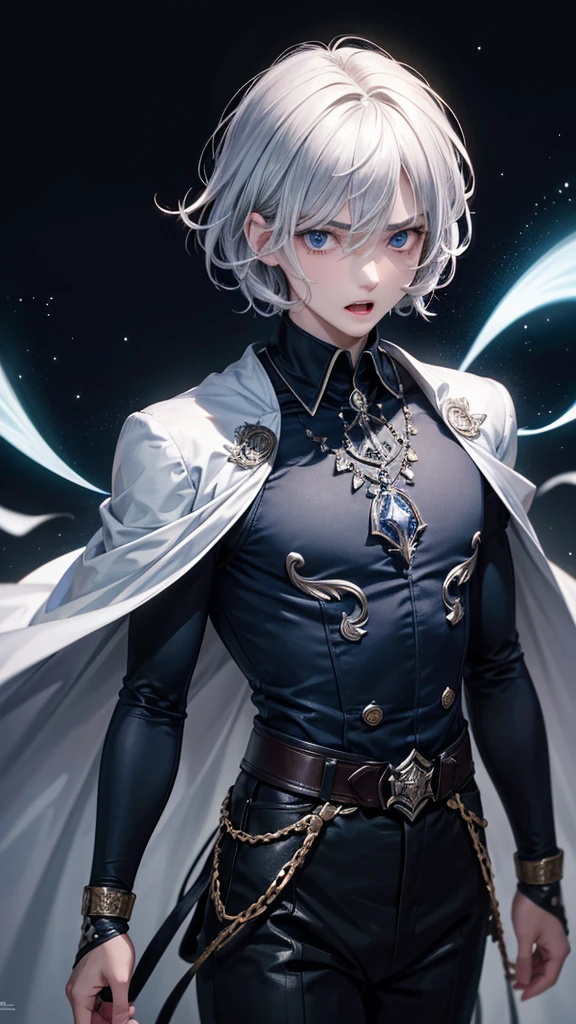 (Highest quality,Very detailed,High resolution:1.2),One adult male,Silver Hair,The most beautiful young man in human history,(1 photo from the front),Dark blue eyes (Dark blue eyes:1.1),(mysterious,Ghostly:1.1) atmosphere,Looks like half a demon,(Demonic traits,Demonic traits),(Elaborate,wonderful) ,pants、Strong Body、Shortcuts、Use magic、Aura of、Cape、Stocky physique、Confident expression、Very short hair、The bangs are swept to the side、Permed hair、Sharp eyes、Angry expression、Are standing、Hair in the wind