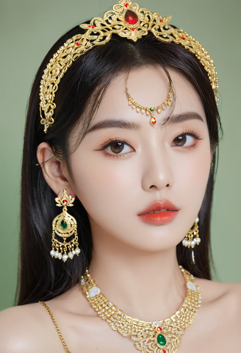 Brow ornament in the center of the forehead, Beautiful royal temple, Jewelry, gem, necklace, Gold Bracelet, Anklets, thick lips, Put your hands on your lips, Skin Indentation, Lips half open, (Delicate eyes), (Sexy pose), ulzzang-6500-v1.1, (Large Breasts:1.2)