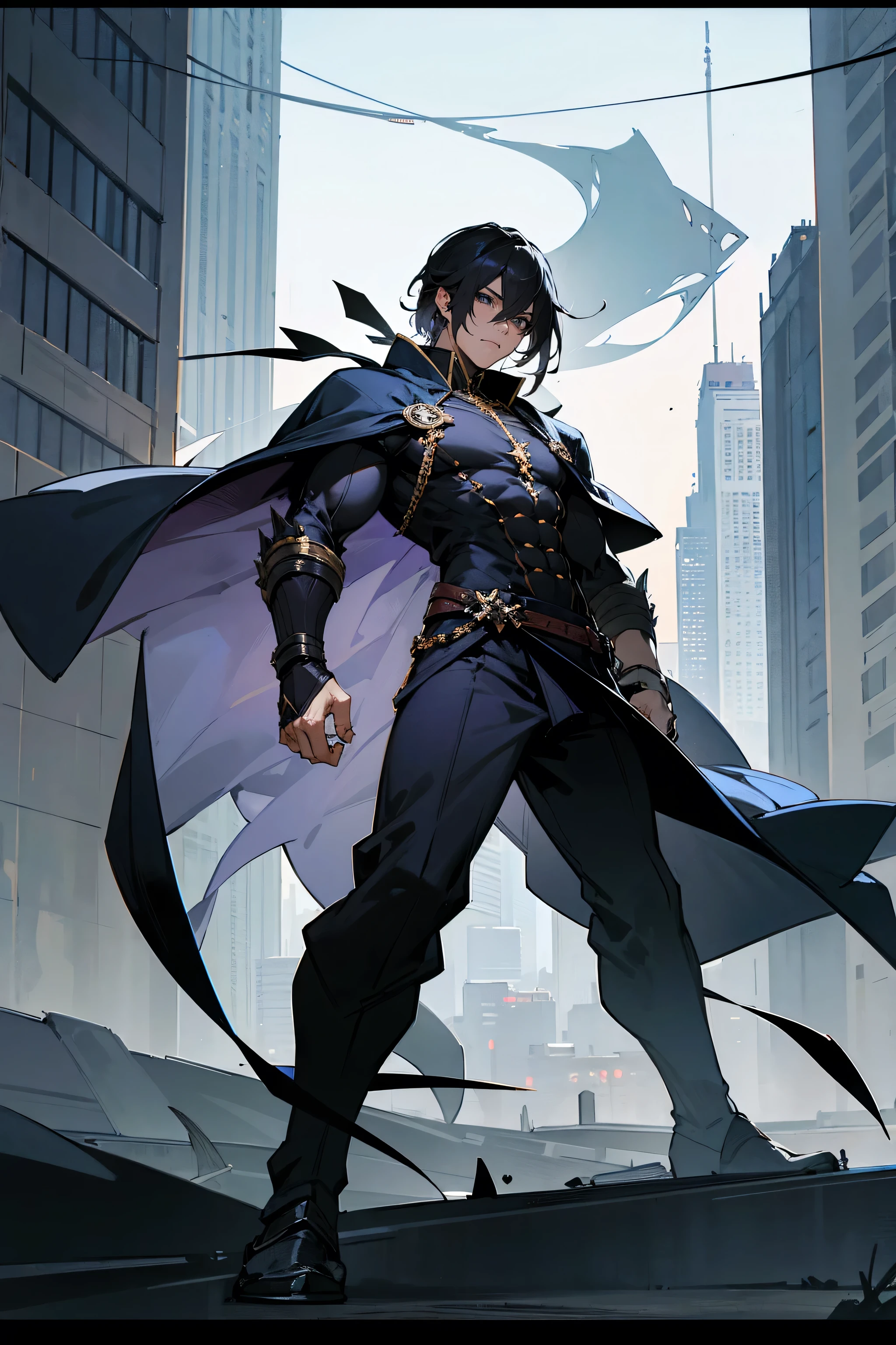 Masterpiece Quality, Perfect Generation, Sclera, Detailed Eyes, Skin, Hair, Muscular, Assassin Clothing, Crazy Expression, , City Background, Full Body, Skin, , , , facing viewer, Standing Outside, Clothed, No Hat, , Black Eyes, hair, male, muscular