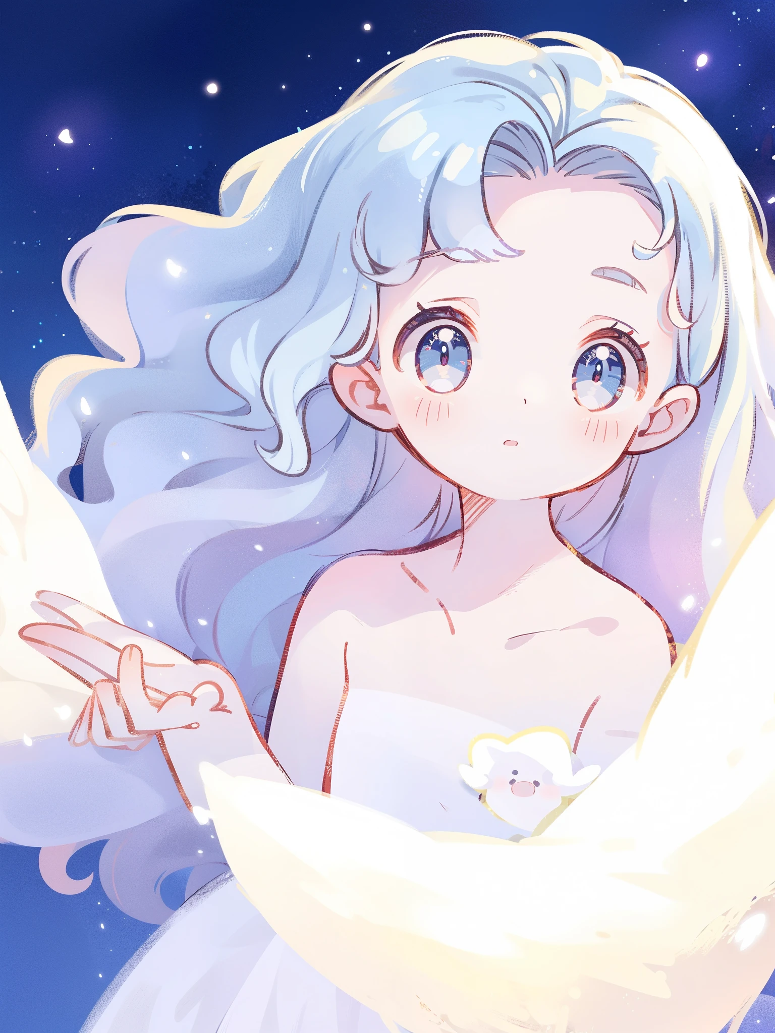 nude angel girl wearing an ethereal translucent dress, pale skin, ((wavy blue hair)), white feathers, angel wings, sparkling detailed eyes, golden ratio face, perfect composition, highly detailed, ethereal, (starry night sky background), midjourney style