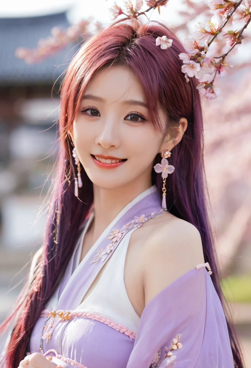 1 Girl, (ulzzang-6500:0.7), Korean Idol, Yae Yoshiko, Separate sleeves, Bare shoulders, Pink Hair, Long hair, Japanese clothes, best quality, (:1.5), (Hair accessories:1.35), Jewelry, Purple Eyes, earrings, breast, Torii, Cherry blossoms, lantern, Depth of Field, Delicate face, Face Focus, Ribbon_prune, (Looking at the audience:1.25), Unconventional witch, Glowing skin, Long sleeve, Smile, thick lips, Game CG, Put your hands on your lips, East Asian Architecture, (Blurred background:1.2), sit, Upper Body,