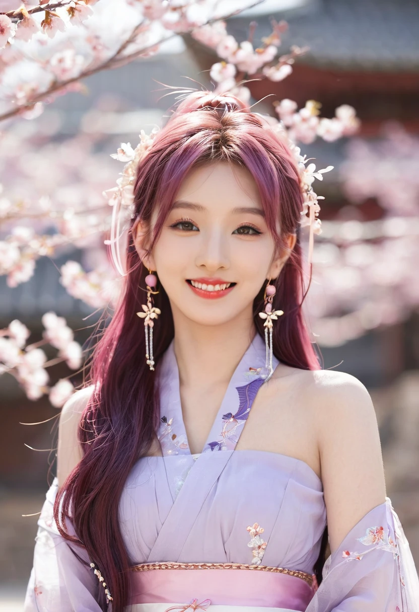 1 Girl, (ulzzang-6500:0.7), Korean Idol, Yae Yoshiko, Separate sleeves, Bare shoulders, Pink Hair, Long hair, Japanese clothes, best quality, (:1.5), (Hair accessories:1.35), Jewelry, Purple Eyes, earrings, breast, Torii, Cherry blossoms, lantern, Depth of Field, Delicate face, Face Focus, Ribbon_prune, (Looking at the audience:1.25), Unconventional witch, Glowing skin, Long sleeve, Smile, thick lips, Game CG, Put your hands on your lips, East Asian Architecture, (Blurred background:1.2), sit, Upper Body,
