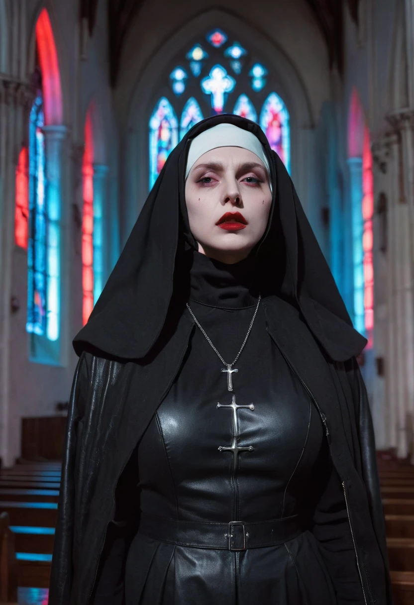 Raw, simulation) (Gothic nun huge breasts), 1990s, Surreal妆容, Leather coat inside a Gothic church at night, Neon lights, Very dark, fear, Red hue, confusion, sinister, High Detail, Surreal, Sony A7III, Movie Lighting, , food, Ultra-high definition face, Volumetric Shadows, Extremely detailed,