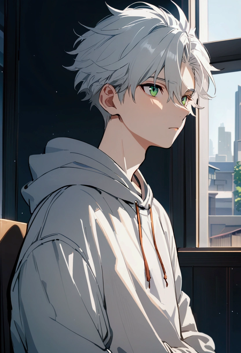 Male , white hair head, green eyes, Sweatshirt, student, boy