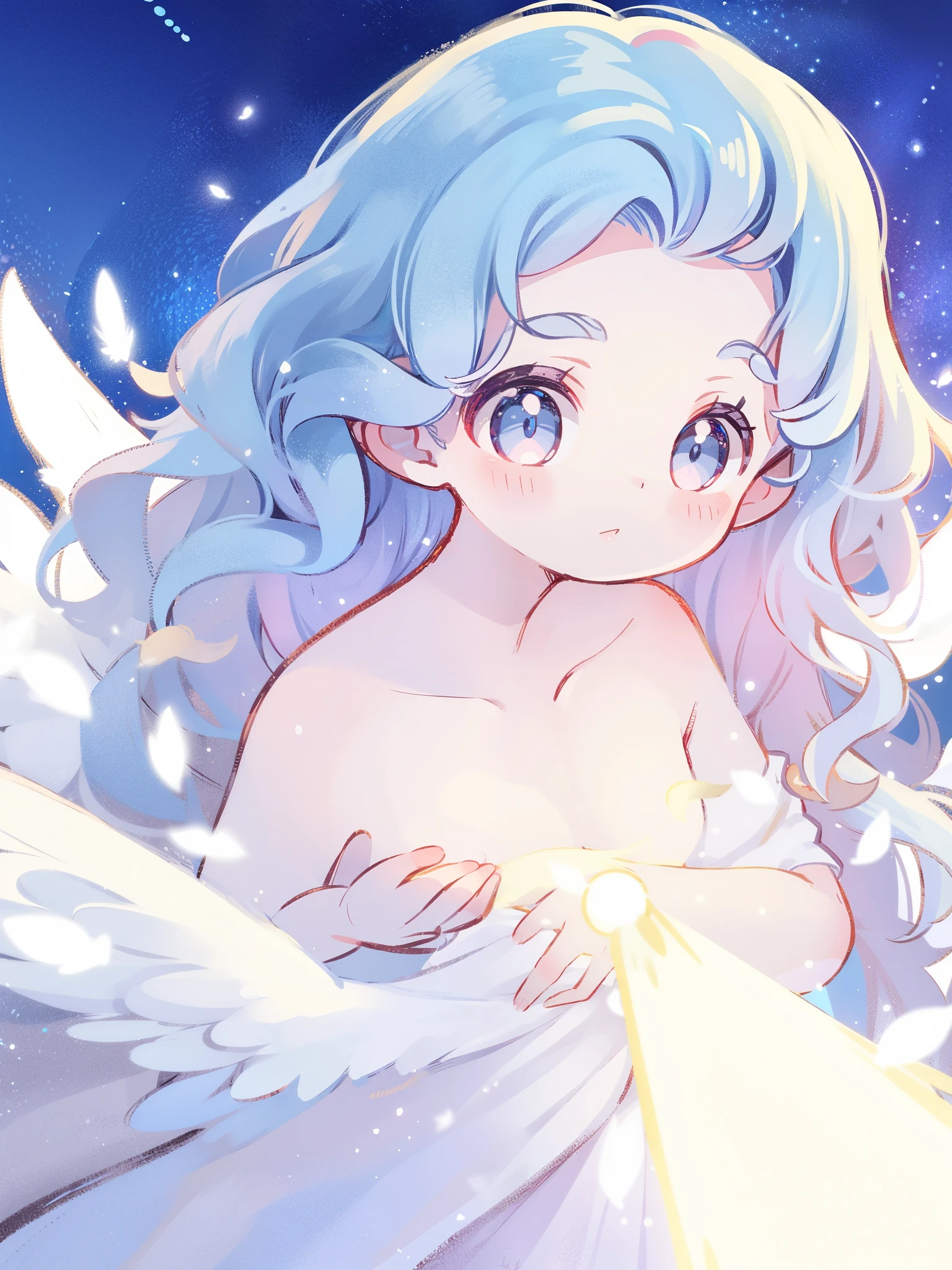 nude angel girl wearing an ethereal translucent dress, pale skin, ((wavy blue hair)), white feathers, angel wings, sparkling detailed eyes, golden ratio face, perfect composition, highly detailed, ethereal, (starry night sky background), midjourney style