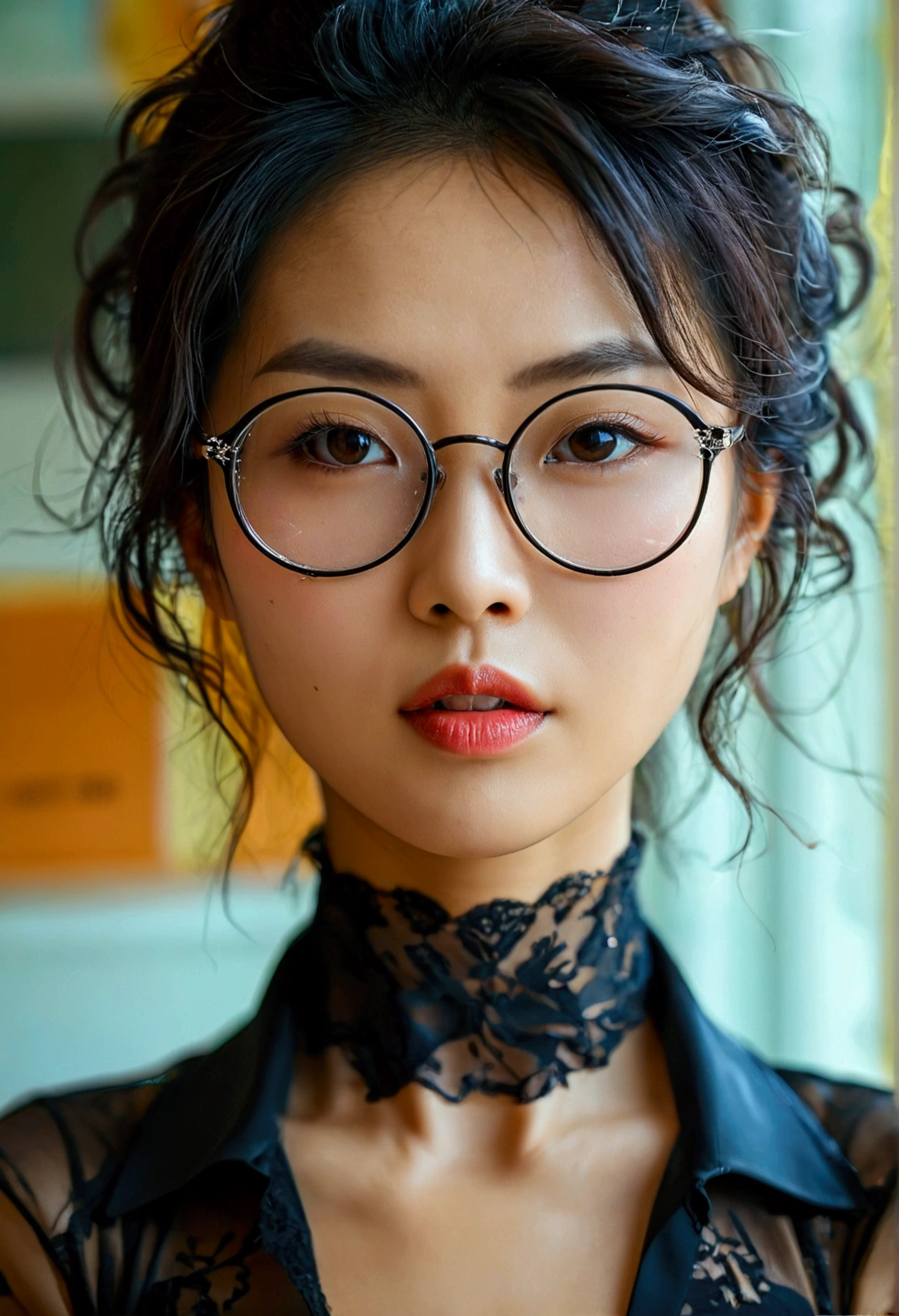 Asian woman teacher very sexy in stockings and high heels naked spread legs with hair up glasses