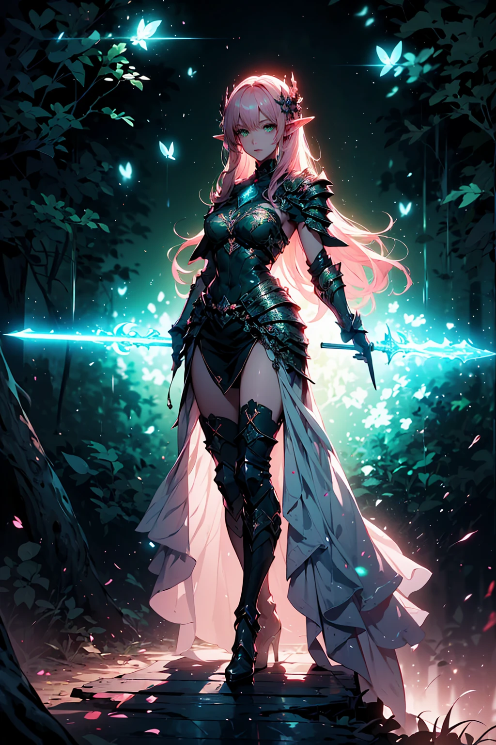 (((Masterpiece, best quality, high detailed, 8k))) Design a layout showcase Gaming character, (1girl). Light pink hair, green eyes, wearing a futuristic armor, wielding an empowering spear. (masterpiece:1.2), (best quality), ultra-detailed. (Step by step design, layout art:1.5), (luminous lighting, atmospheric lighting). Majestic elf in a magnificent forest with beautiful lighting. ((glove full hands)), intricate vambraces, high-tech legwear, (((full_body_shot:1.4))). The elf stands gracefully amidst ancient, towering trees, their leaves shimmering with a magical glow. The futuristic armor, a blend of sleek metal and glowing energy lines, contrasts beautifully with the natural surroundings. Her light pink hair flows softly around her, framing her elegant face with piercing green eyes that radiate wisdom and strength. The empowering spear she holds is adorned with mystical runes and a radiant crystal at its tip, pulsing with an ethereal light. She exudes an aura of power and serenity, perfectly harmonized with the enchanting beauty of the forest around her. Art style inspired by Artgerm, Kawacy, and Wadim Kashin.