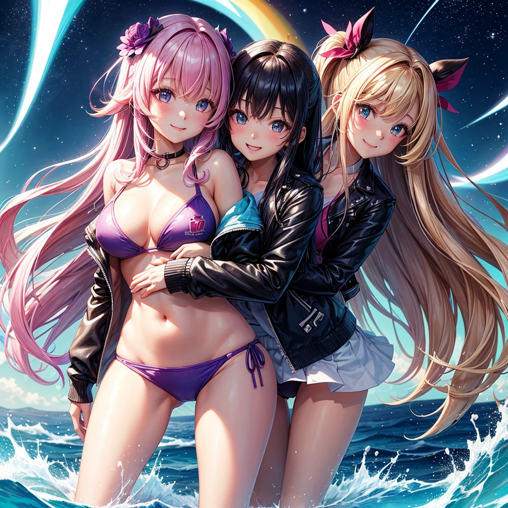 best quality,,smile,blazer,swimsuit,nepal,High-dimensional beautiful girl,leather jacket,Multidimensional beautiful girl,複数人のgirlが描かれている,They are hugging each other,Colorful,Different world,girlの集団,JK,Swimwear,bikini,girl,Sexy and cute,New generation,Evolution of fashion,middle School girlultiple girls are depicted,harem,idol group,starry sky background,photo shoot,long hair,wearing a cardigan,beautiful girlの国,girl's paradise,highest quality,big breasts,leather jacket,happy girl,horny girl,Blue eyes,perfect face,standing position,She has her bangs down,fur jacket,Beautiful eyes,smooth hair,perfect eyes,beautiful girl,Angel Girl,multicolored hair colors,naughty girl,beautiful,High-dimensional beautiful girl,Multidimensional beautiful girl,gathering,Group、,