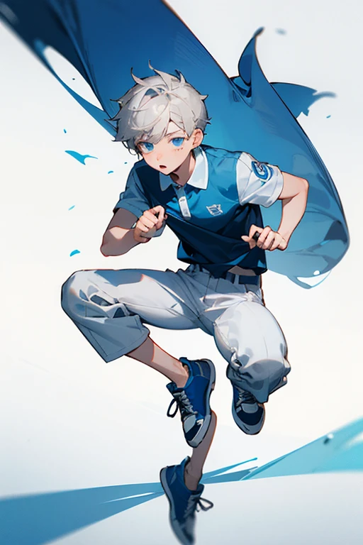 boy, 1.75, by white, blue eyes, grabbed body, with white polo, Grey trousers, sneakers