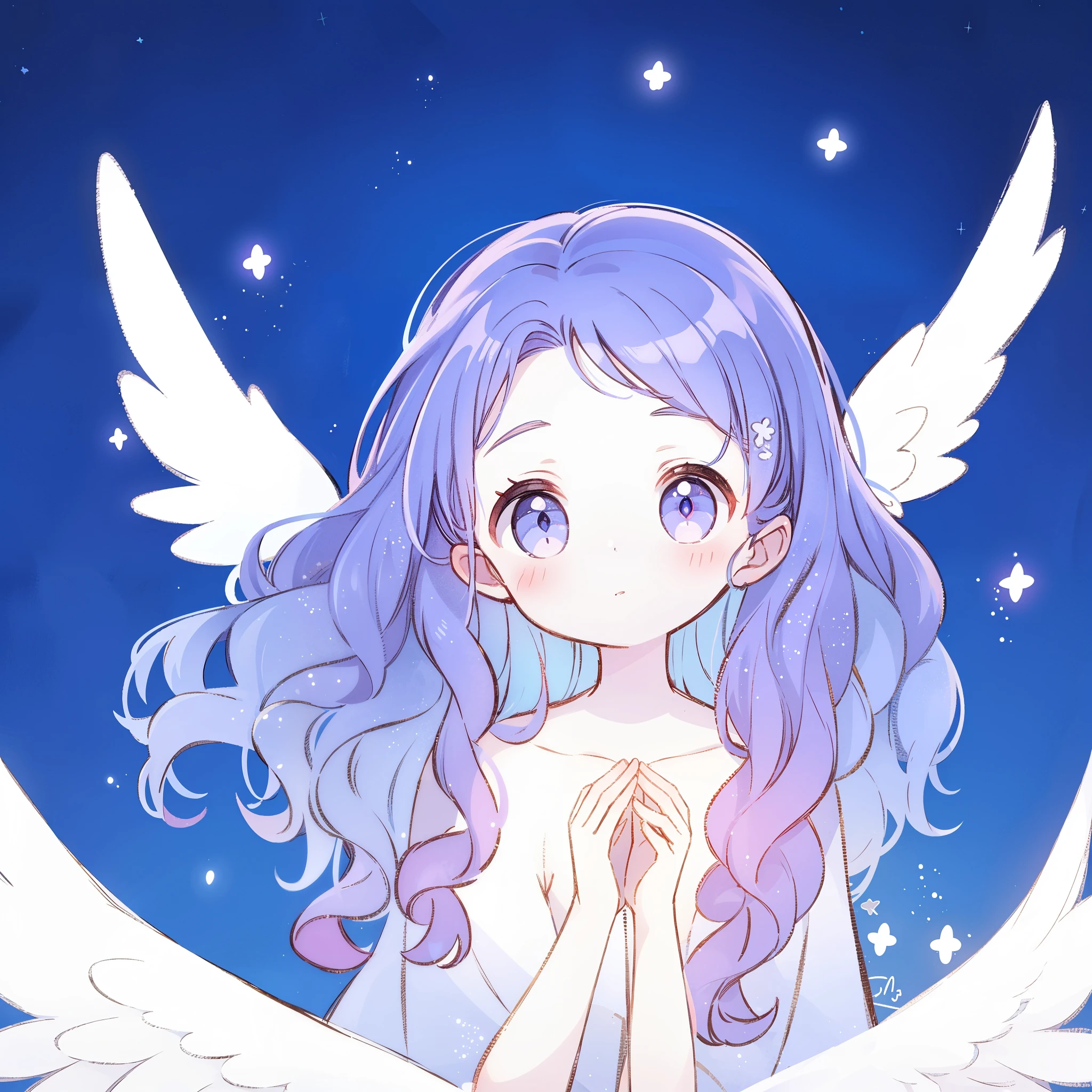 nude angel girl wearing an ethereal translucent dress, pale skin, ((wavy gradient blue purple hair)), white feathers, angel wings, sparkling detailed eyes, golden ratio face, perfect composition, highly detailed, ethereal, (starry night sky background), midjourney style