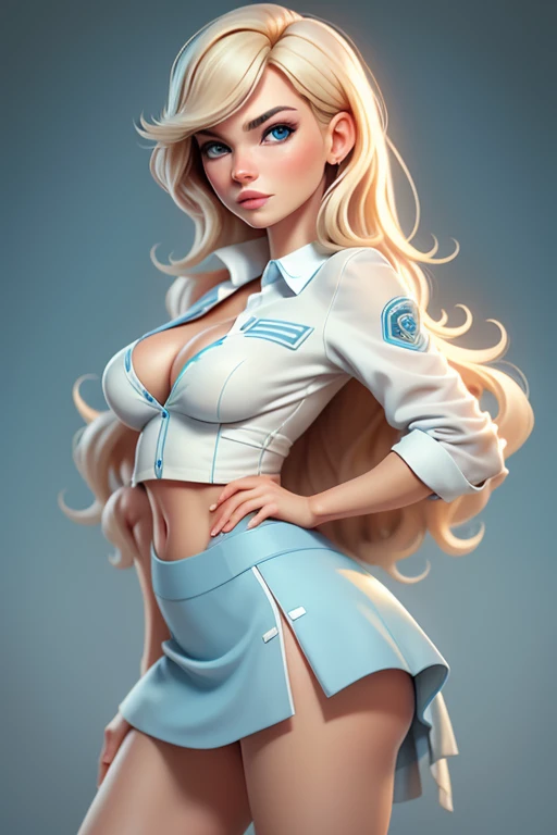 Milla Jovovich, long blonde hair, Barbie, blue colored eyes, White background, white undershirt , seducing gaze, mini skirt