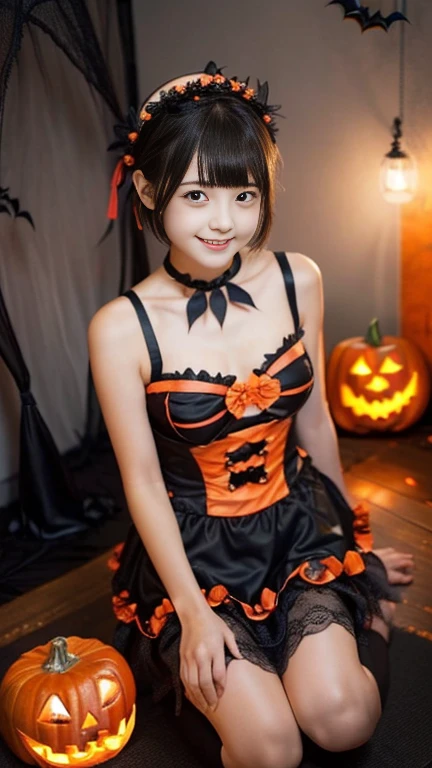 (1girl,spreaded legs,extremely cute girl,beautiful girl,ultra detailed face,detailed dropped eyes,charming smile,short hair,japanese young girl:1.5),(halloween costume:1.75),monster costume,pumpkin,jack-o'-lantern,best quality,4k,8k,highres,masterpiece,ultra-detailed,realistic,photorealistic,photo-realistic,vivid colors,studio lighting