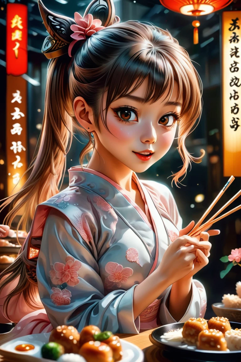 ultra-detailed,masterpiece,best quality,1girl,blush,ponytail,large bow,text,poster,holding chopstick,shiny eyes, (gyouza),open mouth,cheers, foods,food focus, indoors