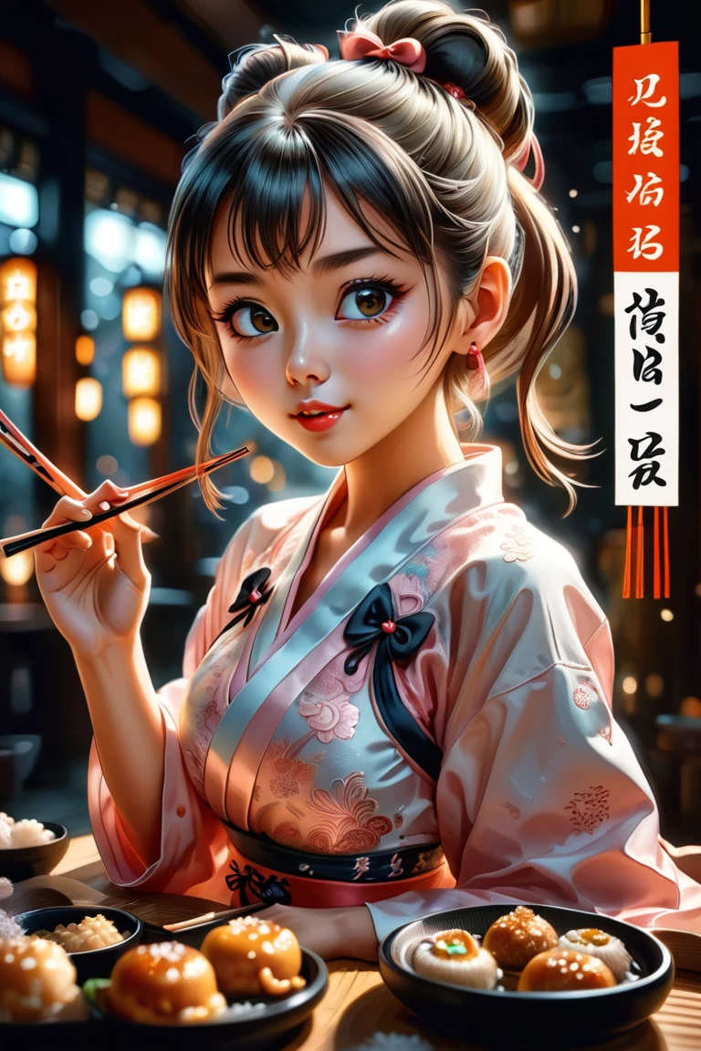 ultra-detailed,masterpiece,best quality,1girl,blush,ponytail,large bow,text,poster,holding chopstick,shiny eyes, (gyouza),open mouth,cheers, foods,food focus, indoors