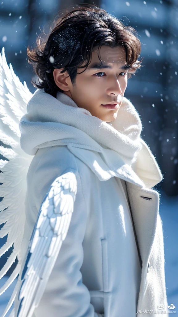 A tall, mysterious man with an angel mask covering his beautiful, angelic face, her hair curled in white, reminiscent of a snowy afternoon, highlighting your dark and glowing skin